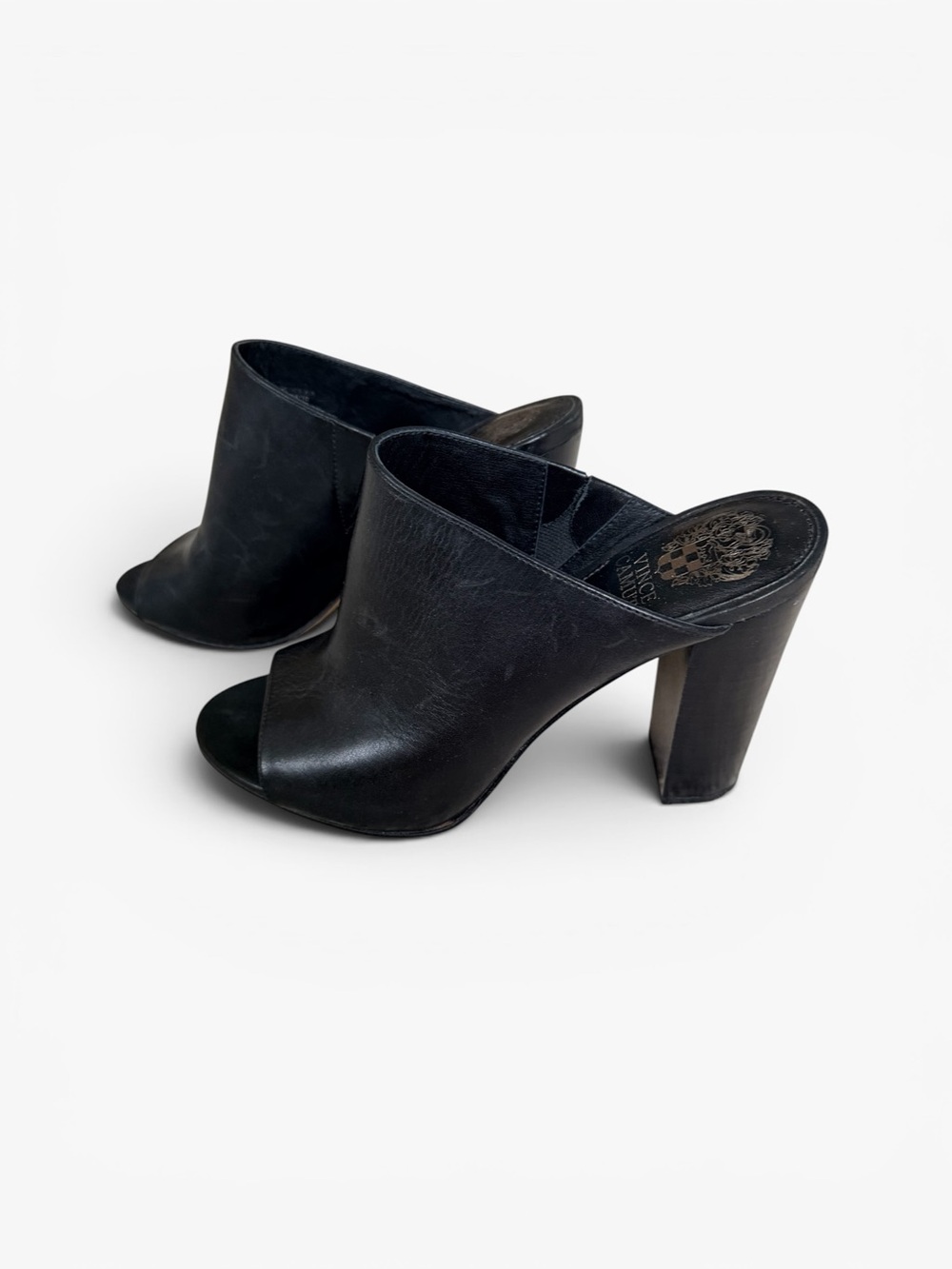 Vince Camuto | Sz 8 | Black Leather Open-Toe Mule Heels